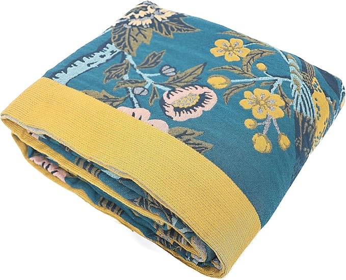 Snycler Boho Throw Blanket for Bed - 100% Cotton Ultra Soft Rustic Quilt Blanket Green Bird Floral Printed Farmhouse Decor Bed Blankets, 80"×90" All Season Rustic Throw for Sofa Couch Chair