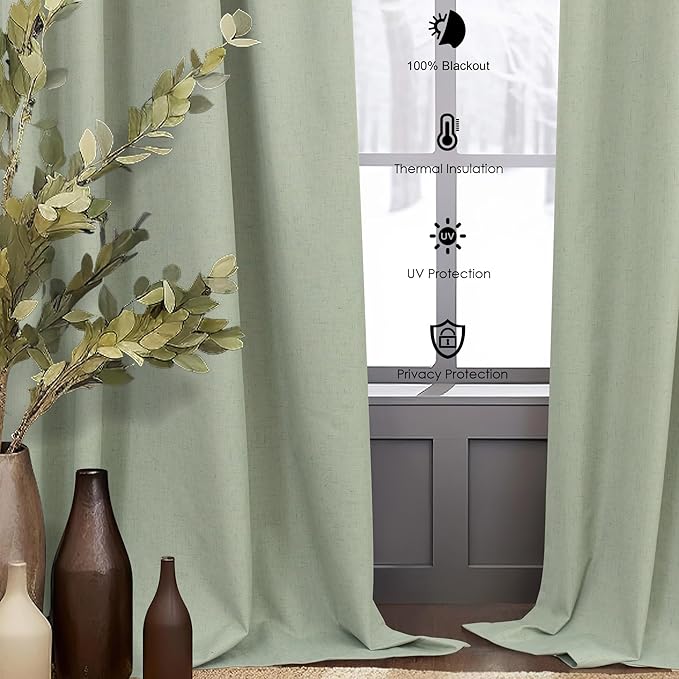 Green Country Kitchen Curtains 45 Inch Length Short Small Basement Window Blackout Cooling Curtains for Summer Heat Linen Cafe Bathroom Classroom Dorm RV Camper Sage Green Drapes with White Backing