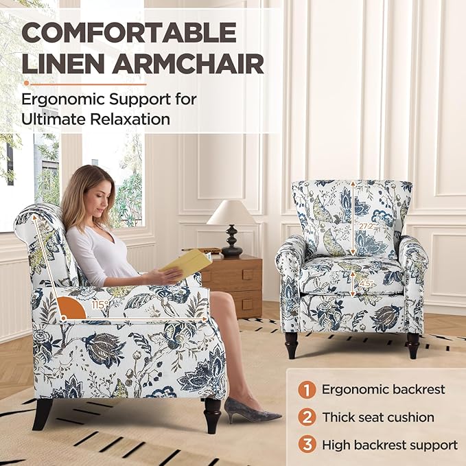 Wingback Accent Chair with Removable Pillow, High Back Floral Armchair with Solid Wood Legs & Nailhead Trim, Comfy Upholstered Reading Single Sofa Chair for Bedroom (1, Blue Floral Pattern)