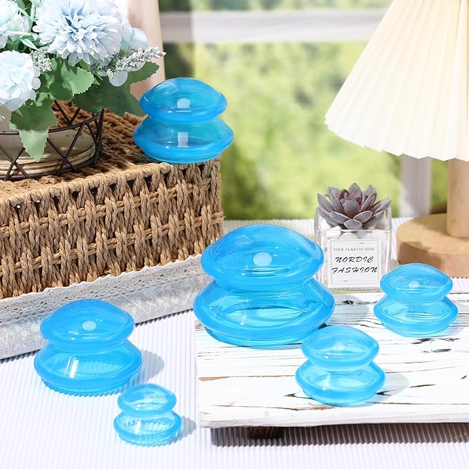 Nuanchu 8 Pcs 4 Sizes Cupping Therapy Set with Satin Bag Silicone Massage Cups Professional Cupping Therapy Vacuum Cup for Cellulite Joint Pain Muscle Pain(Clear Blue)
