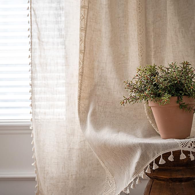 Sutuo Home Boho Curtains for Bedroom Nursery, Bohemian Semi-Blackout Geometric Crochet Hollow Lace Patchwork with Textured Linen Fabric Farmhouse Tassels Rod Pocket Window Drapes, 59"W x 72"L, 1 Panel