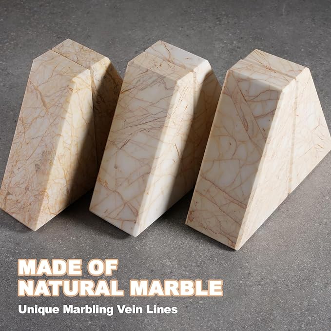 Marble Bookends,Natural Decorative Bookend for Shelves, Non-Skid Book End for Heavy Books, Idea Book Stoppers & Holder for Desk Bookshelf Decor, Modern Home Decor Cream Color Book Ends, Set of 2