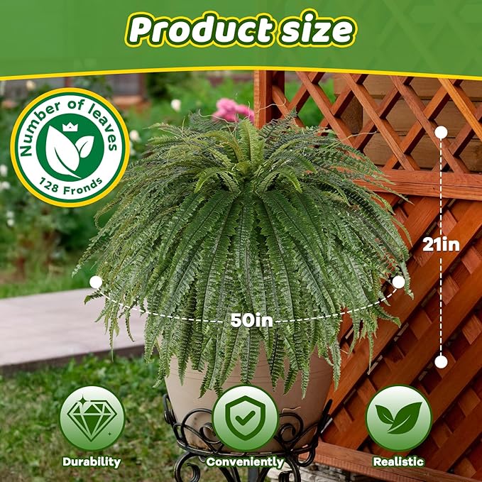 Single Silky 50" Artificial Fern Plant, Large Fake Fern with 128Fronds, Realistic Faux Boston Fern Bush for Outdoors & Indoor, Silk Greenery for Planter, Garden, Office, Home DĂŠcor