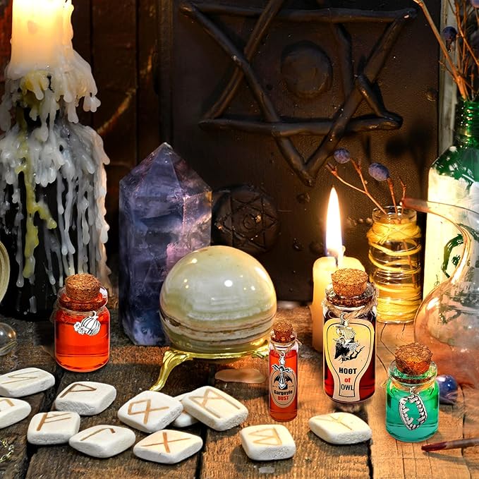 Newtay 53 Pcs Halloween Mini Potion Bottles Set Including 12 Decorative Glass Bottles with Cork Stoppers 20 Creepy Apothecary Bottle Labels Stickers 20 Charms Pendants 1 String (5/6/7/12 ML,Stylish)