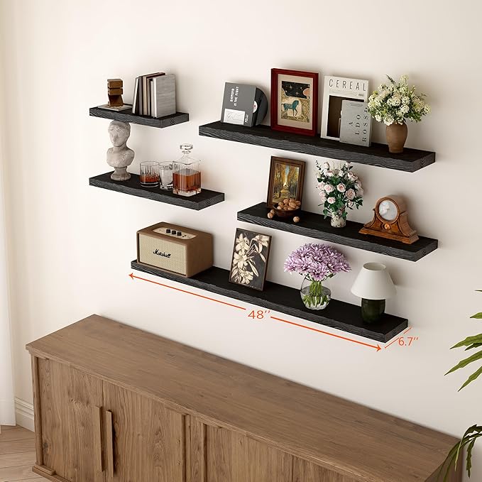 BGMG Wood Floating Shelves 48 inch, Wide Rustic Wooden Wall Shelves for Bathroom Living Room Bedroom Kitchen Farmhouse Set of 2-48x 6.7 x1.25 inch- Black