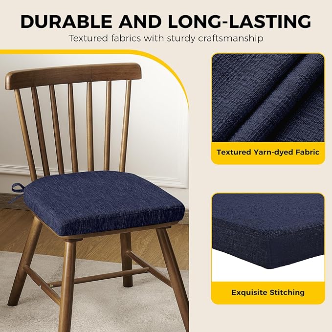 downluxe Indoor Chair Cushions for Dining Chairs, Soft and Comfortable Textured Foam Kitchen Chair Pads with Ties and Non-Slip Backing, 16" x 16" x 2", Navy, 6 Pack