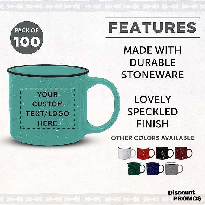 DISCOUNT PROMOS Custom Ceramic Campfire Coffee Mugs 13 oz. Set of 100, Personalized Bulk Pack - Perfect for Tea, Espresso, Cappuccino, Hot Cocoa - Mint