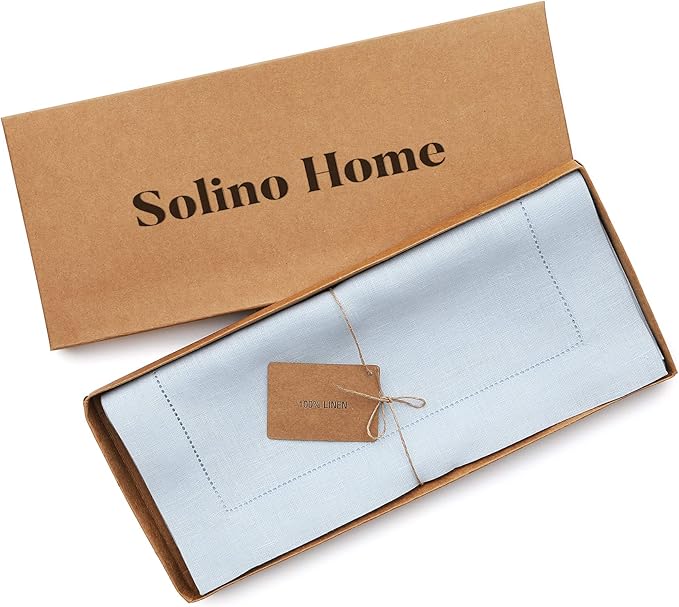 Solino Home Linen Light Blue Table Runner 72 Inches Long - 100% Pure Linen Hemstitch Table Runner 14 x 72 Inch for Dresser, Dining - Classic Hemstitch