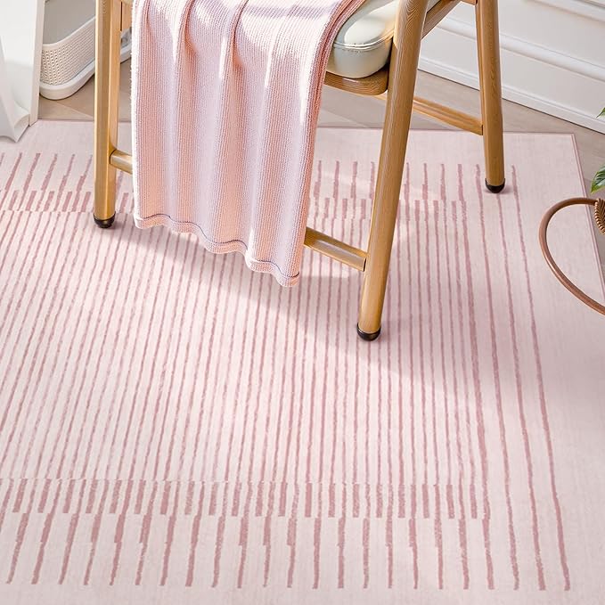 Wonnitar Washable Striped Living Room Area Rug 5x7, Non-Slip Berber Stripe Pink Area Rugs for Bedroom Girls, Low Pile Soft Large Throw Carpet for Kids Nursery Room (Pink,5' x 7')