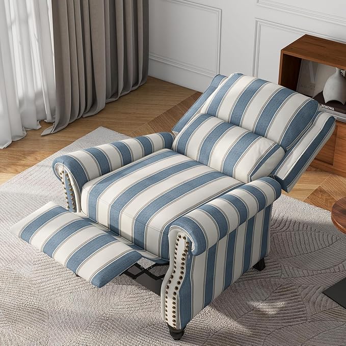 UIXE Pushback Recliner Chairs Set of 2, Fabric Overstuffed Armchair Push Back Accent Chair for Living Room, Rivet Trim Club Chair Home Theater Bedroom Side Reading Seats - Strip Navy