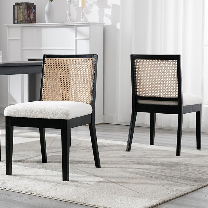 VESCASA Upholstered Dining Chairs with Square Rattan Back, Armless Padded Sherpa Fleece Cushion Dining Chairs with Wood Legs for Dining Room, Kitchen, Set of 6, Black Frame