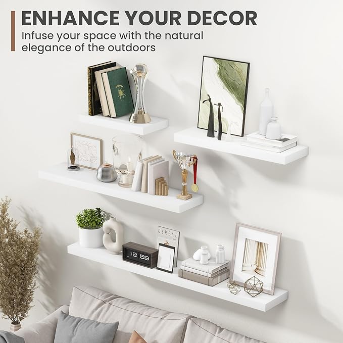 36 Inch Floating Shelves, 8 Inch Deep Floating Shelves for Wall, Hanging Shelf with Invisible Brackets, Deep Shelves for Bathroom, Bedroom, Living Room, White, Set of 2