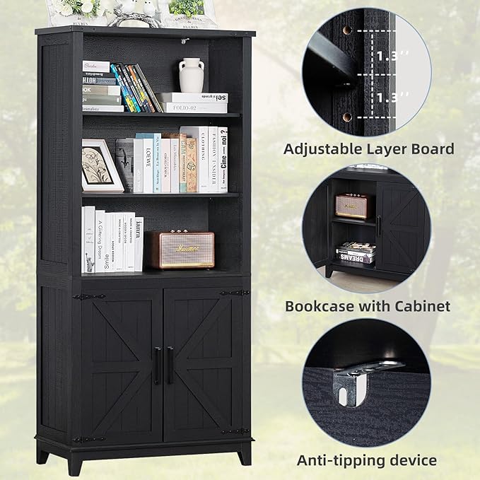70in Tall Bookshelf 5 Tier Bookcase with Barn Doors and Adjustable Shelves, Black Farmhouse Book Shelf with Storage Cabinet, Wood Freestanding Display Bookshelves for Bedroom, Living Room