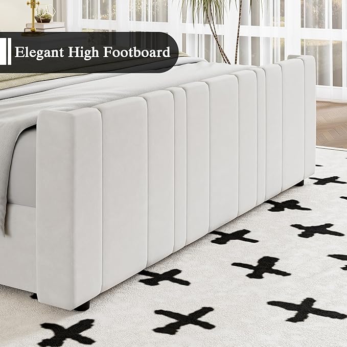 HOMBCK Queen Bed Frame Upholstered Platform Bed with Vertical Channel Tufted Headboard & Footboard, Wingback Design/Noise Free/No Box Spring Needed/Easy Assembly, Cream