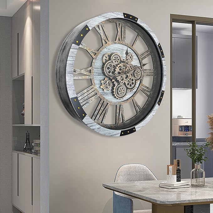 DORBOKER 30" Original Moving Gears Wall Clock, Large Industrial Wall Clock for Living Room Decor, Solid Wood Vintage Farmhouse Steampunk Rustic Clocks for Wall Decor,Silver Grey