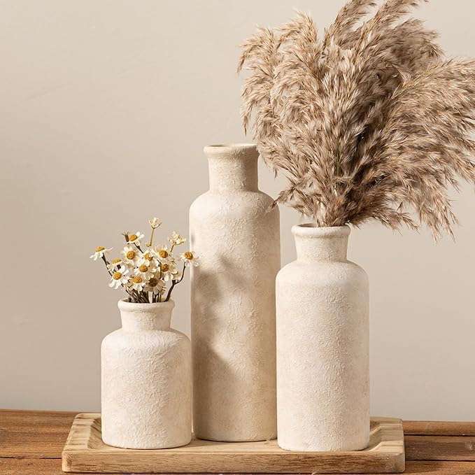 Ceramic Vases Set of 3, Whitewashed Neutral Flower Vases Home Decor, Pottery Rustic Farmhouse Decorative Vases Modern Decor for Table Mantel Entryway Bookshelf Living Room Kitchen Bedroom