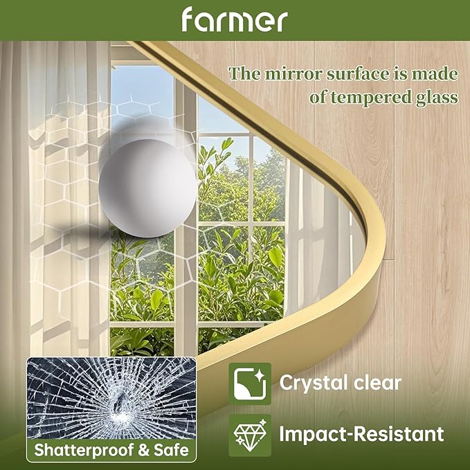 FARMER 20x30 Inch Gold Bathroom Mirror, Rectangle Vanity Mirror, Brushed Mirrors for Wall, Metal Frame Hanging Mirror with Round Corner for Bedrooms, Entryways, Living Rooms, Horizontal/Vertical