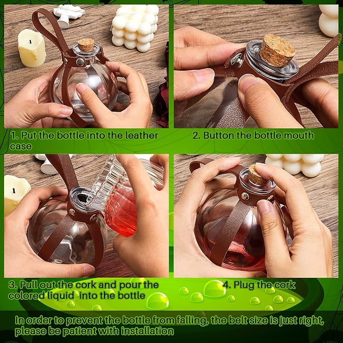 Patelai 6 Pcs Halloween Glass Potion Bottles with Belt Cork Renaissance Witch Costume Accessories Witch Props Potion Bottle for Halloween Party Decor Cosplay DIY Crafts Gift (Brown)