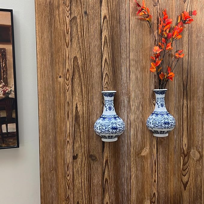 Set of Two Blue and White Porcelain Wall Vases for Flowers – Handmade Chinoiserie Ceramic Wall Mounted Flower Vase, Decorative Hanging Vases for Living Room, Bookshelf & Indoor Décor