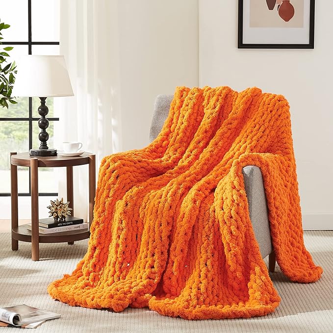 L'AGRATY Chunky Knit Blanket Throw: 30''x40'' Chenille Thick Knitted Throw for Bed & Couch - Handmade Large Crochet Rope Blanket - Orange