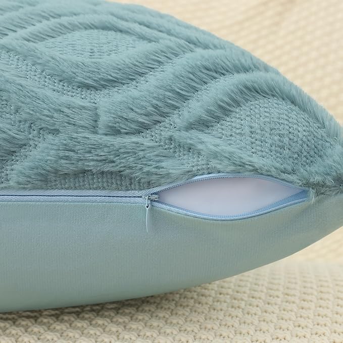 decorUhome Fall Throw Pillow Covers 20x20 Inch Set of 2, Soft Plush Decorative Faux Fur Aqua Solid Couch Pillow Covers, Accent Farmhouse Neutral Square Euro Pillow Cases for Sofa Bed Living Room