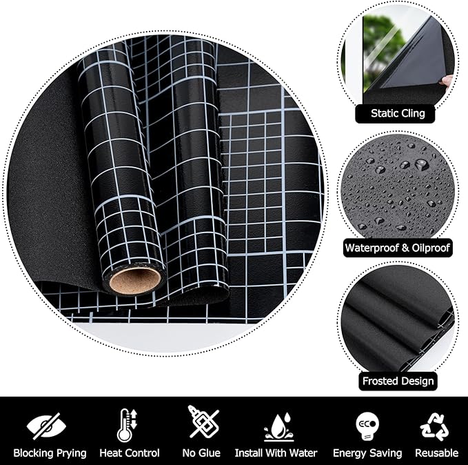 HIDBEA Blackout Window Film,100% Light Blocking Room Darkening Window Privacy Film,Frosted Glass Window Film Heat Control, Removable Window Cover Tint for Day Sleep (Black,17.3in x 13.1ft)
