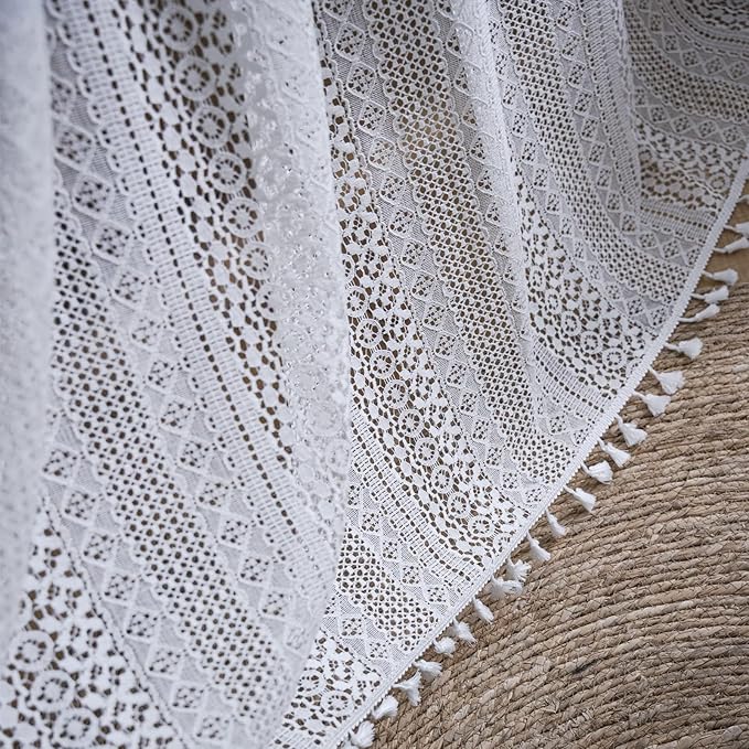 Sutuo Home Boho Curtains Crochet Lace Sheer Bohemian Stylish with Tassels, Window Treatment Privacy Vintage Rustic Farmhouse Drapes for Bedroom, Rod Pocket 1 Panel 59" W x 102" L, White
