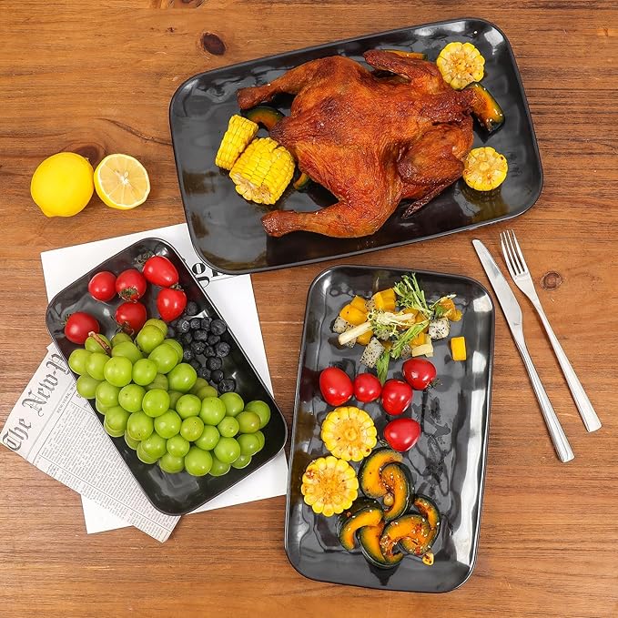 vicrays Ceramic Rectangle Serving Platters - 14" 12" 10" Porcelain Serving Trays Plates for Party BBQ Appetizers Sushi Dessert - Microwave Oven and Dishwasher Safe - Set of 3 Bright Black