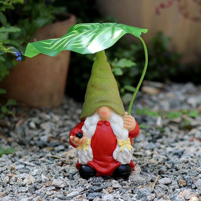 Garden Female Gnome Statue Decoration with Leaf Umbrella, 7.5” Figurine Ornament for Indoor Outdoor Home Patio Yard Lawn, for Gnome Lovers & Garden Enthusiasts,Mom,Women