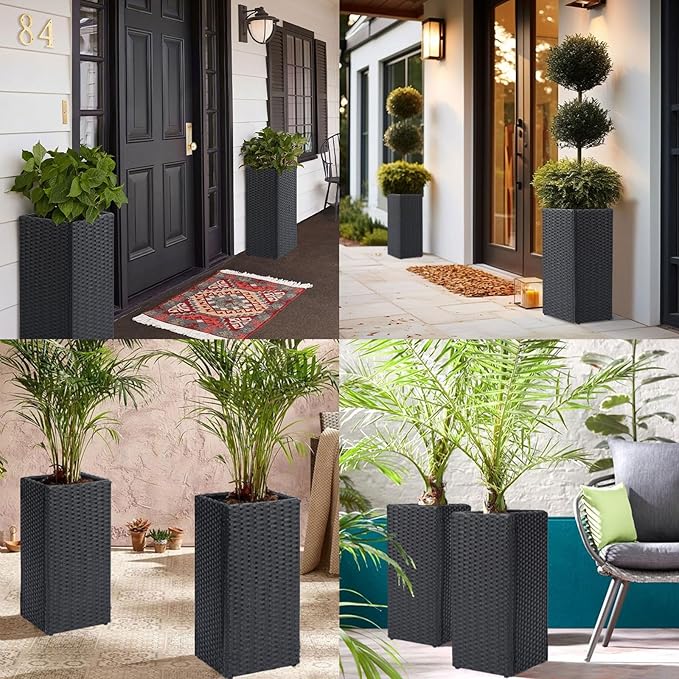 LEWIS&WAYNE Set of 2 Tall Planters for Outdoor Plants Handmade 24'' Wicker Tall Square Planter Box with Removable Liners Modern Planter for Indoor Outdoor Garden Patio Front Porch - Black