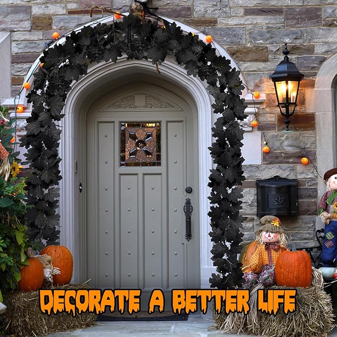 Joyhalo 6 Pack 5.7FT Black Maple Leaf Garland,Halloween Artificial Hanging Black Vines,Halloween Outdoor Garland for Mantle,Door Frame,Fireplace and Thanksgiving Decor