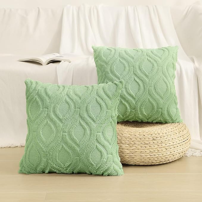 decorUhome Throw Pillow Covers 22x22 Inch Set of 2, Soft Plush Decorative Faux Fur Sage Green Solid Couch Pillow Covers, Accent Farmhouse Neutral Square Euro Pillow Cases for Sofa Bed Living Room