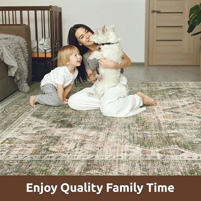 AMOAMI-2X10 Runner Rug-Washable Runners for Hallways-Soft Non Slip Bedside Rugs for Bedroom-Vintage Long Rug for Hallways Entryway Laundry Room Stair Kitchen Bathroom Green