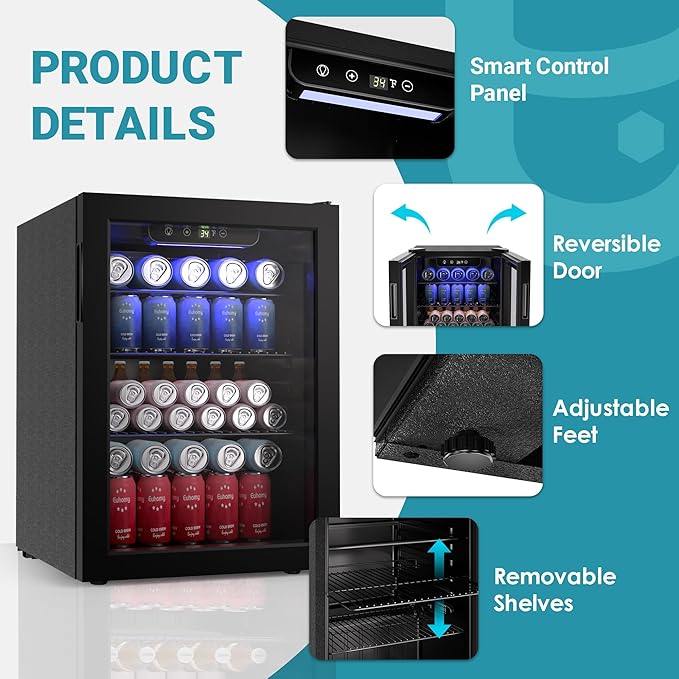 EUHOMY 100 Can Beverage Refrigerator cooler-Mini Fridge Glass Door for Beer Drinks Wines, Freestanding Beverage Fridge with Adjustable Shelves Blue LED for Home/Office/Dorm/Bar, 2.7 cu.ft