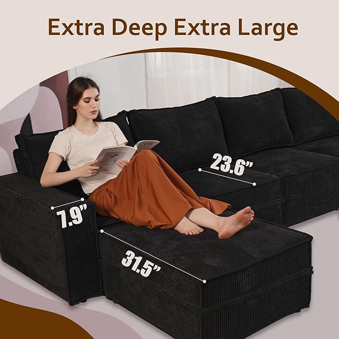 HOOOWOOO Modular Sectional Sofa Couch,Matching Free Combination Cloud Couch Armless Chair(Black Corduroy)
