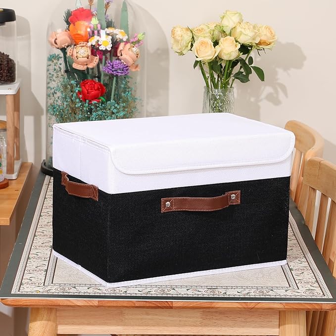 ANMINY Storage Boxes with Lids Washable Decorative Storage Bins Basket with PU Leather Handle Foldable Linen Fabric Storage Cubes Containers for Home Closet Organizer - Black White, Large Size