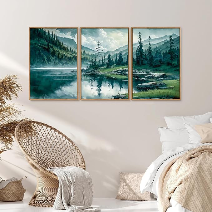 Tinonedraw Large Nature Forest Framed Canvas Wall Art Set, Boho Mountains Calming Lake Wall Decor, Green Pine Trees Artwork, Northern Wilderness Art Painting for Living Room Bedroom Office 16"x24"x3