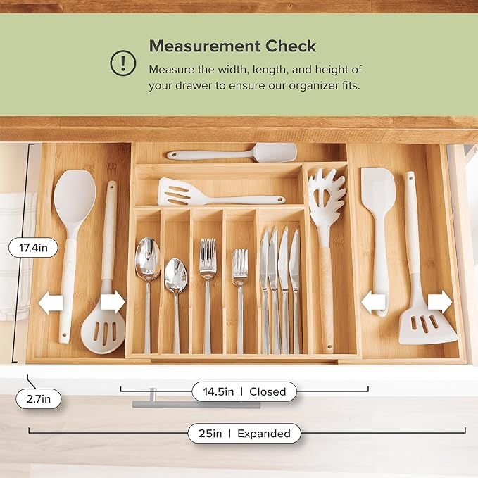 Premium Silverware, Flatware and Utensil Organizer for Kitchen Drawers, Food-Safe Contract Grade, Expandable from 14 to 25 In, Natural Bamboo