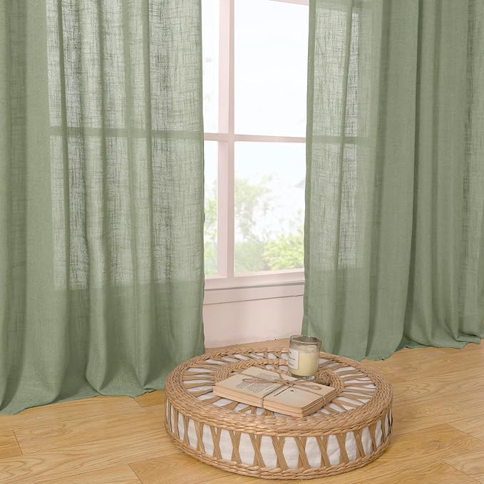 LAMIT Linen Curtians for Living Room 80 Inch Length, Bronze Grommet Light Filtering Semi Sheer Neutral Lightweight Rustic Farmhouse Boho Drapes for Bedroom, 2 Panels, Sage Green, 34 x 80 Inch