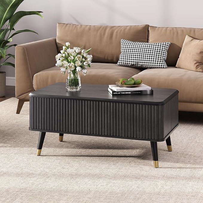 Lift Top Coffee Table with Storage Shelf & Hidden Compartment, Mid Century Modern Fluted Rectangle Dining Table for Living Room, Home Office,Black