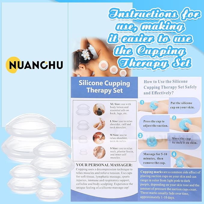 Nuanchu 8 Pcs 4 Sizes Cupping Therapy Set with Satin Bag Silicone Massage Cups Professional Cupping Therapy Vacuum Cup for Cellulite Joint Pain Muscle Pain(Clear)