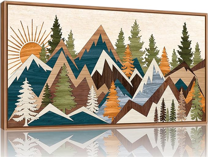 Tinonedraw Large Metal Mountain Framed Canvas Wall Art, Boho Rustic Sunrise Forest Wall Decor, 3 Piece Vintage Nature Artwork, Modern Wilderness Art Print for Living Room Bedroom Office 20"x40"