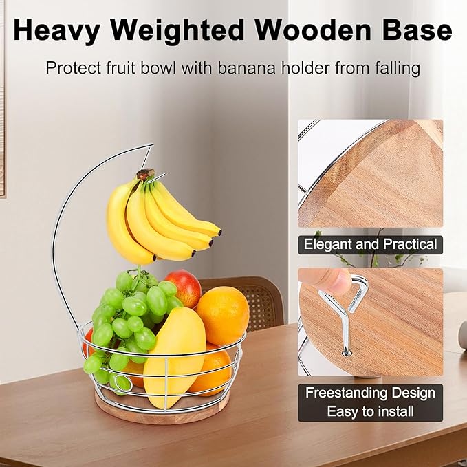 Livabber Countertop Fruit Basket Bowl with Banana Hanger, Modern Standing Fruit Vegetable Bowl Storage, with Banana Tree Holder for Kitchen Dinning Table (Round Wood, Chrome)