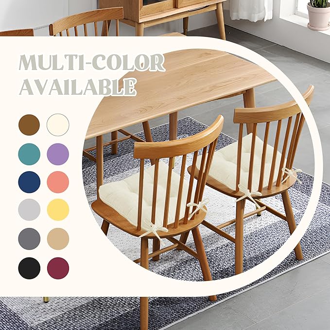 puredown® Chair Cushions for Dining Chairs, Tufted Memory Foam Chair Pads with Non-Slip Backing, Kitchen Seat Cushions with Ties, Washable Seat Pads Set of 4, 15.5" x 15.5" x 4", Ivory