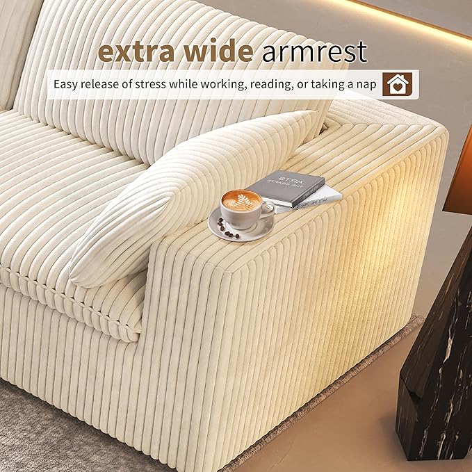 118" 6-Seater Cloud Sofa,Modular Sectional Couch with Ottoman,Modern Deep Seat Upholstered Couches with Plush Corduroy Fabric for Living Room Furniture,Bedroom and Apartment,No Assembly Required,White