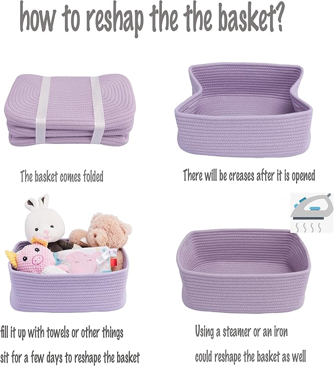 Small Woven Storage Baskets 13“X9”X5“ Decorative Rope Bins for Organizing Shelves, Closets, and Toys, Empty Gift Baskets, Cute Organizer Basket for Home and Office (purple, Large)