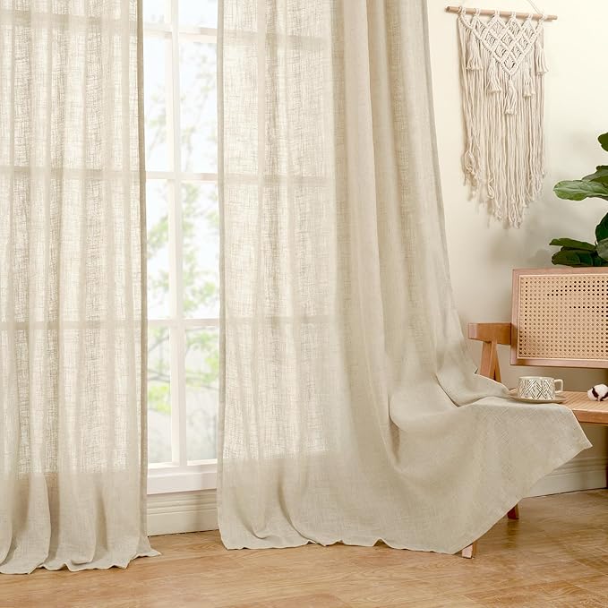 LAMIT Light Filtering Sheer Linen Curtains 102 inches Long, Linen Textured Semi Sheer Bronze Grommet Natural Boho Drapes for Living Room/Farmhouse, 2 Panels, Linen, 52 x 102 Inch