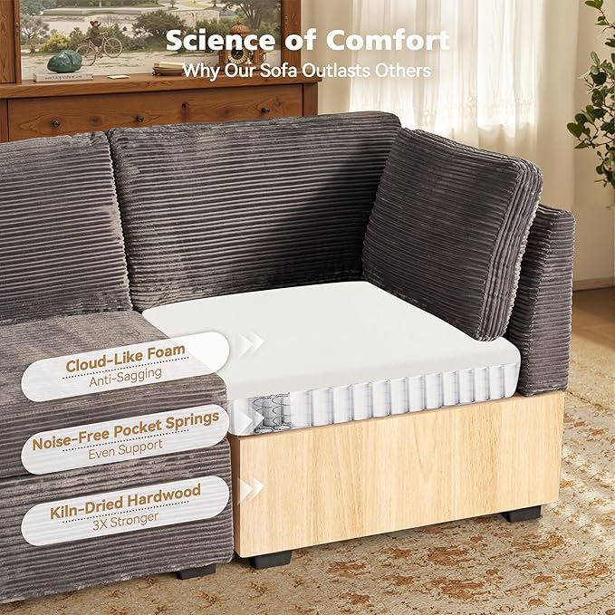 Modular Sectional Sofa, 130.7" L Shaped Couch Set for Living Room, 4-Seater Comfy Cloud Couches with Movable Ottoman, DIY Combination, Plush Corduroy, Gray