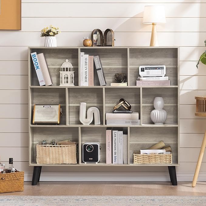 LEYAOYAO 10 Cube Bookshelf,3 Tier Modern Wide Bookcase with Legs,Mid-Century Wood Bookshelves Storage,Retro Grey Large Book Case,Freestanding Organizer Display Shelf for Bedroom,Living Room,Office