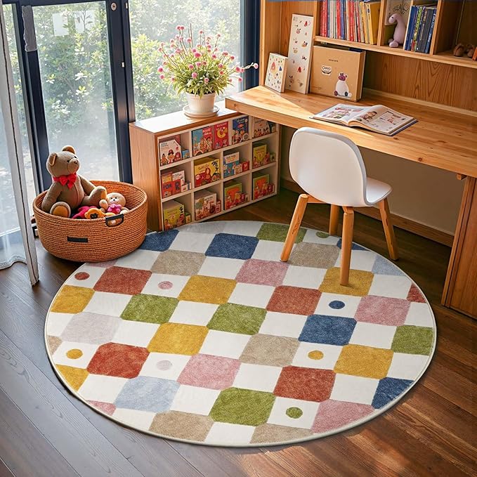 jinchan Round Rug 5ft Kids Washable Rug Indoor Floor Cover Non-Slip Soft Elementary School Classroom Modern Colorful Diamond Carpet for Nursery Daycare Bedroom Playroom Living Room Circus on Cream